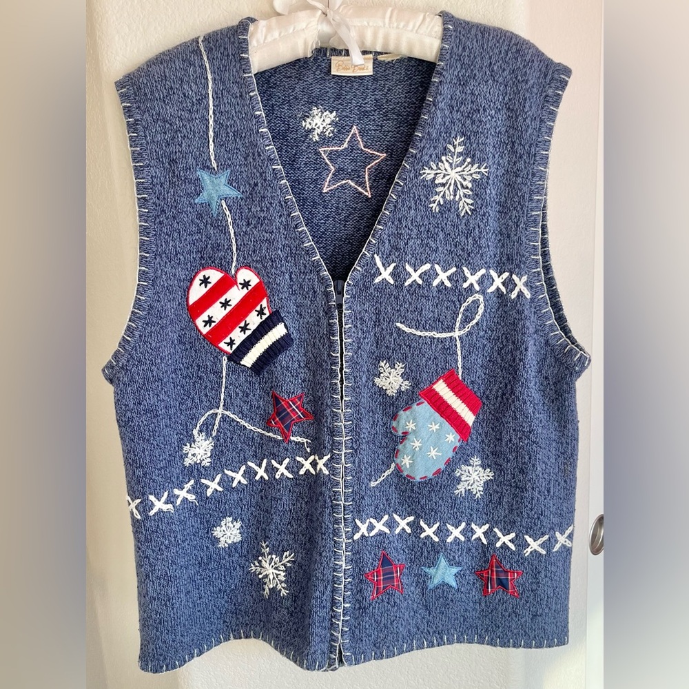 Bobbie Brooks Blue Knit Vest with Embroidered Details / Holiday